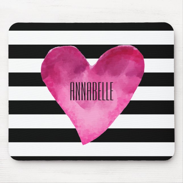 Black + White Stripes Watercolor PINK Heart NAME Mouse Pad (Front)