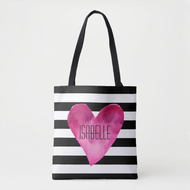 Black + White Stripes Watercolor Pink Heart name Tote Bag (Front)