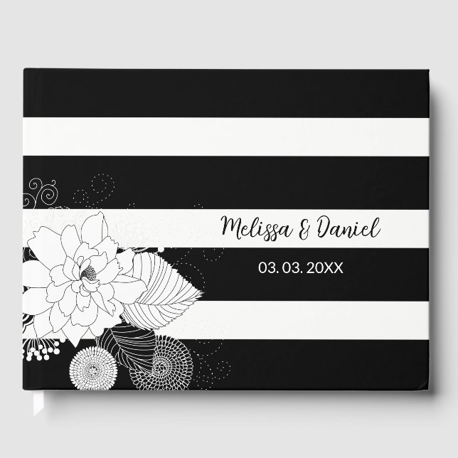 Black White Stripes White Flowers Guest Book (Front)
