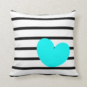 Black & White Stripes with Aqua Heart Cushion