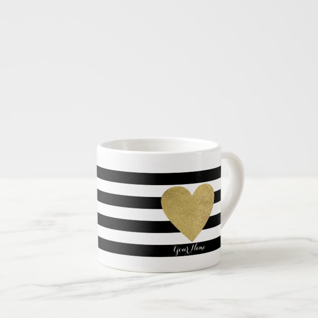 Black & White Stripes with Gold Foil Heart Espresso Cup (Front Right)