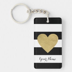 Black & White Stripes with Gold Foil Heart Key Ring