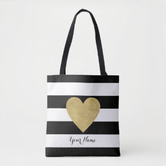 Black & White Stripes with Gold Foil Heart Tote Bag