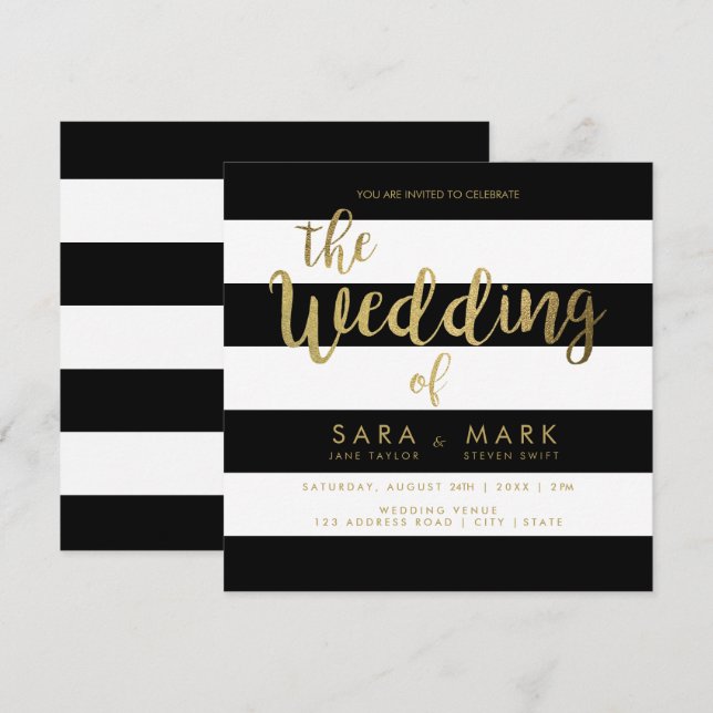 Black & White Stripes with Gold Foil Typography Invitation (Front/Back)
