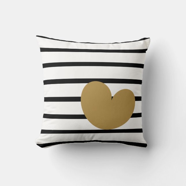 Black & White Stripes with Gold Heart Cushion (Front)