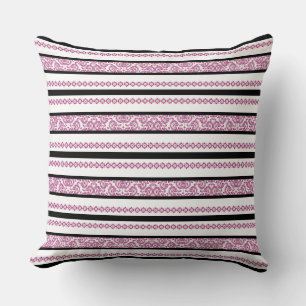 Black & White Stripes with Magenta Floral Pattern Cushion