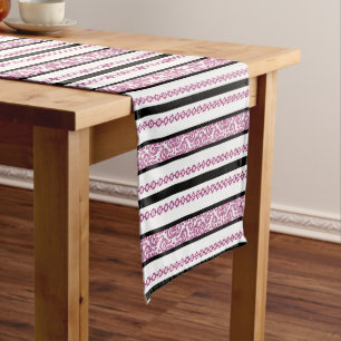 Black & White Stripes with Magenta Floral Pattern Medium Table Runner