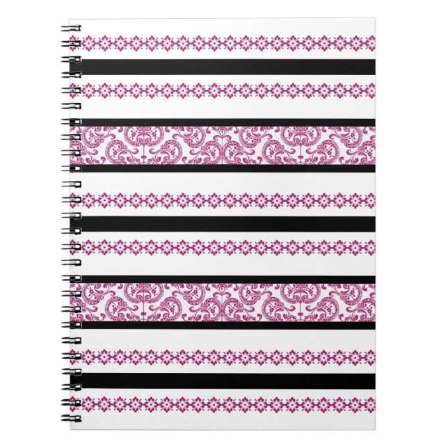 Black & White Stripes with Magenta Floral Pattern Notebook (Front)