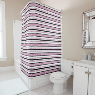 Black & White Stripes with Magenta Floral Pattern Shower Curtain