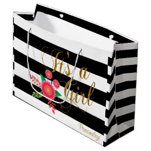 Black & White Stripes With Pink Flowers Baby Girl Large Gift Bag