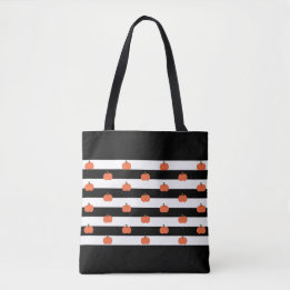 Black & White Stripes with Pumpkins - Halloween Tote Bag
