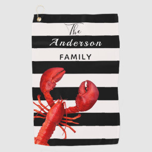 Black white stripes with red lobster family name golf towel