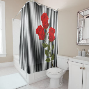 BLACK & WHITE STRIPES WITH RED ROSES SHOWER CURTAIN