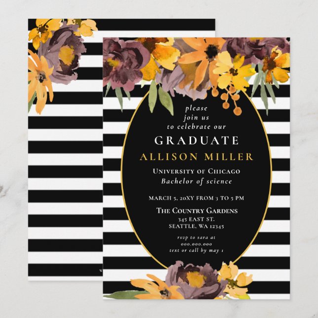 Black White Stripes Yellow Floral Graduation Party Invitation (Front/Back)
