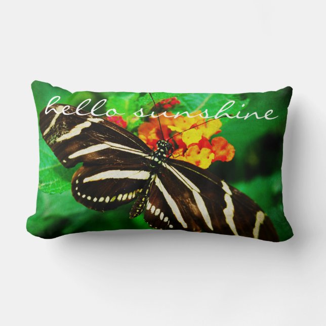 Black White Stripes Zebra Butterfly Hello Sunshine Lumbar Cushion (Front)