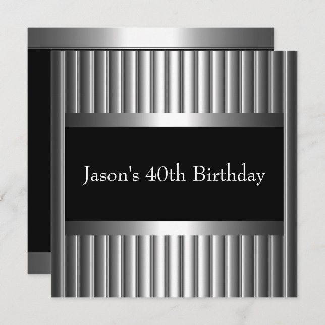 Black White Style Silver Mens 40th Invitation (Front/Back)