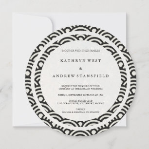 Black + White Stylised Waves Elegant Beach Wedding Invitation