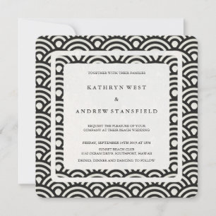 Black + White Stylised Waves Modern Beach Wedding Invitation