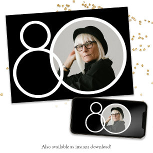 Black White Stylish Minimalist Photo 80th Birthday Invitation
