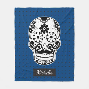 Black & White Sugar Skull Micro Heart Cobalt Blue Fleece Blanket
