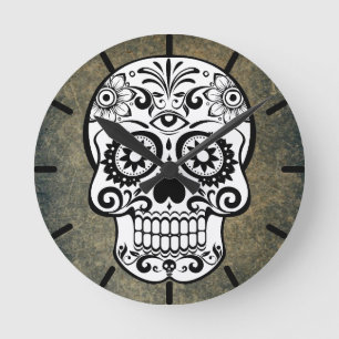 Black & White Sugar Skull Slate Round Clock