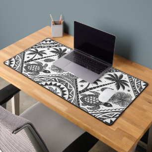 BLACK & WHITE SUMMER TRIBAL SHAPES & PALM TREES DESK MAT