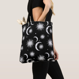 Black & White Sun Moon Stars Celestial Astrology Tote Bag