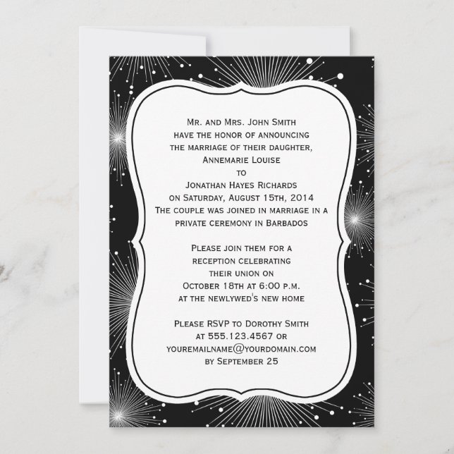 Black White Sunbursts Fireworks Reception Only Invitation (Front)