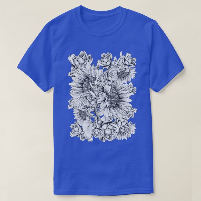 Black White SunFlowers and Roses T-Shirt (Design Front)