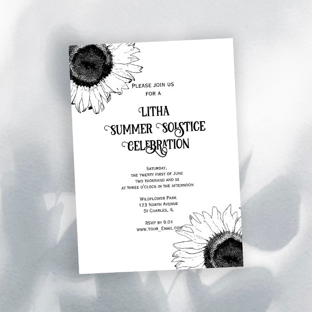 Black White Sunflowers Litha Summer Solstice Party Invitation (Creator Uploaded)