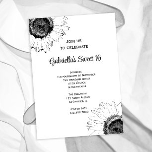 Black White Sunflowers Sweet 16 Birthday Invitation