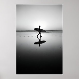 Black & White Surfer at Sunset Poster