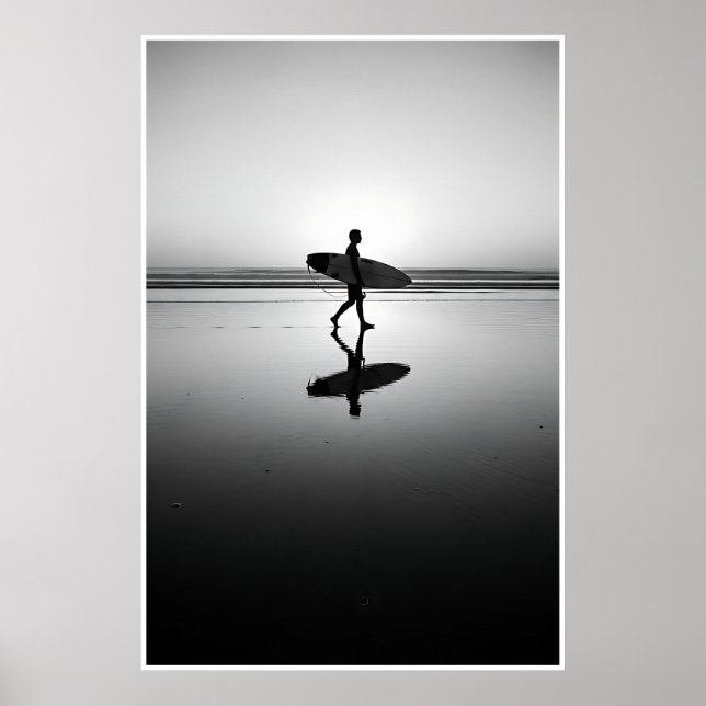 Black & White Surfer at Sunset Poster (Front)