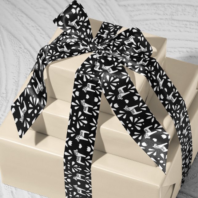 Black White Swedish Dala Horse Holiday Gift Satin Ribbon (Scandinavian Swedish black and white Dala horse patterned ribbon)