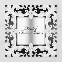 Black/White Sweet16 Damask Design Birthday Invite