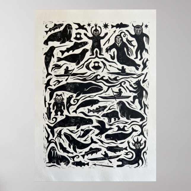 Black White Swimming Figures Linocut Woodblock Art Poster (Front)