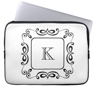 Black White Swirl Flourish Initial Monogram Laptop Sleeve