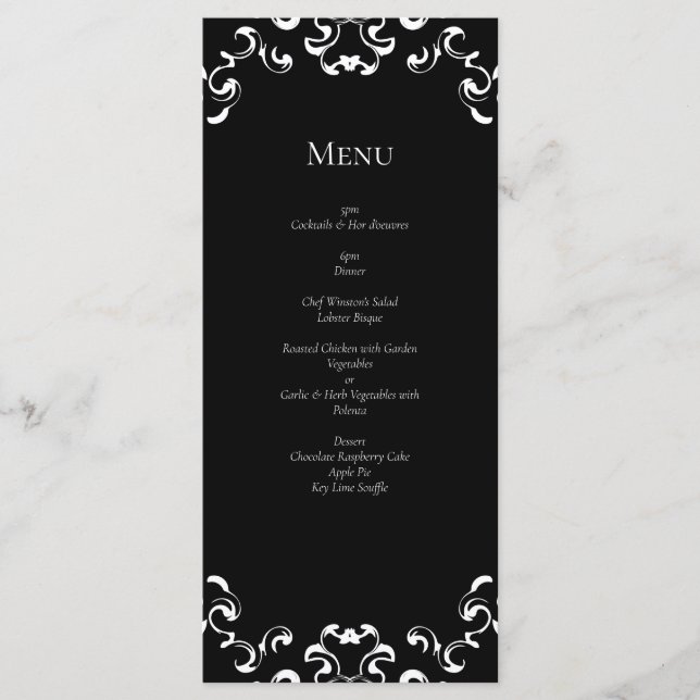 Black & White Swirl Gothic Wedding Menu (Front)