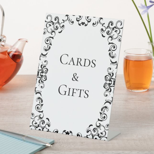 Black & White Swirl Gothic Wedding Pedestal Sign (In SItu)