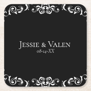 Black & White Swirl Gothic Wedding Square Paper Coaster