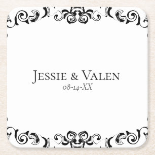 Black & White Swirl Gothic Wedding Square Paper Coaster
