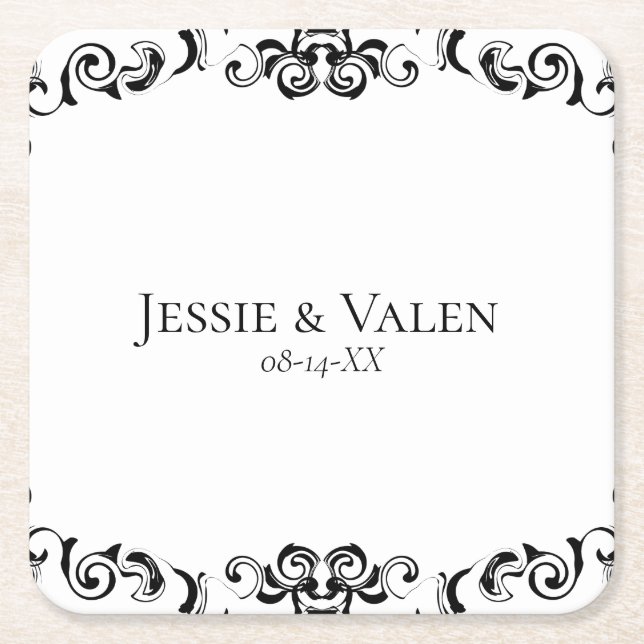 Black & White Swirl Gothic Wedding Square Paper Coaster (Front)