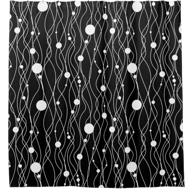 Black & White Swirly Lines & Dots Pattern Shower Curtain (Front)