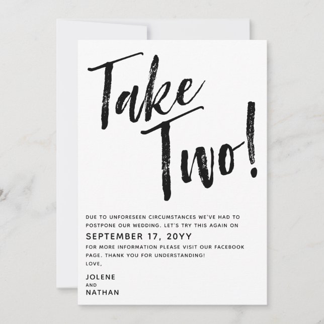 Black & White Take Two! Postponed Wedding Save The Date (Front)
