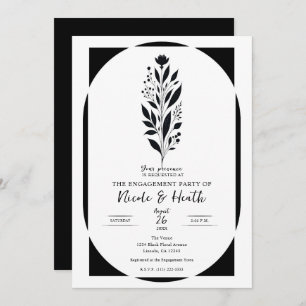 Black White Tall Floral Modern Vintage Engagement Invitation
