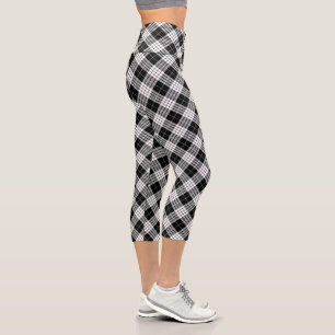 Black & White Tartan Chic Stylish Plaid Pattern Capri Leggings