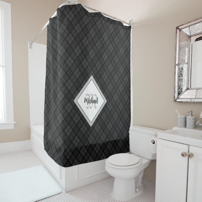 Black white tartan Christmas pattern Monogram Shower Curtain (In Situ)