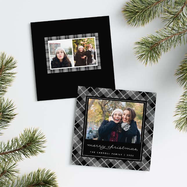 Black & White Tartan Plaid Square Photo Holiday Card (Creator Uploaded)