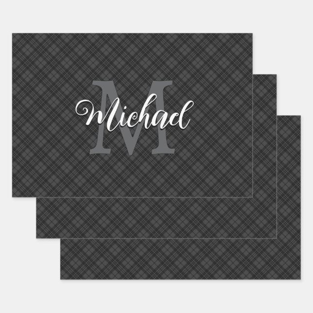 Black white tartan plaid winter Christmas Monogram Wrapping Paper Sheet (Set)