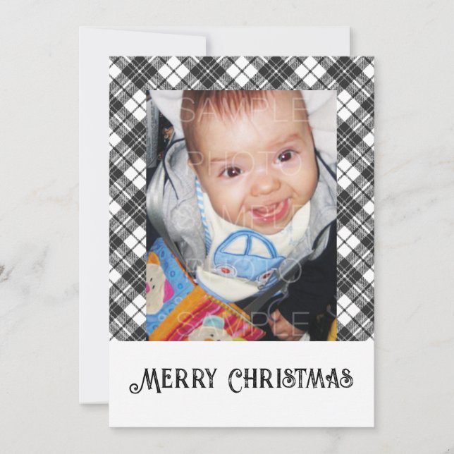 Black white tartan plaid winter Christmas photo Holiday Card (Front)